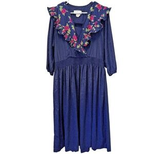 Toni Todd Midi Dress Womens 8 Blue Vintage 80s Floral Polka Dot Ruffle Smocked